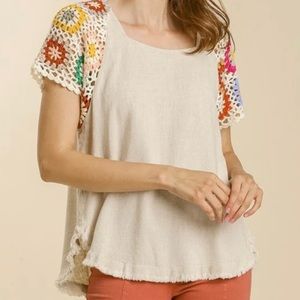 Umgee Oatmeal Linen Blend Top with Colorful Crocheted Sleeves | Large